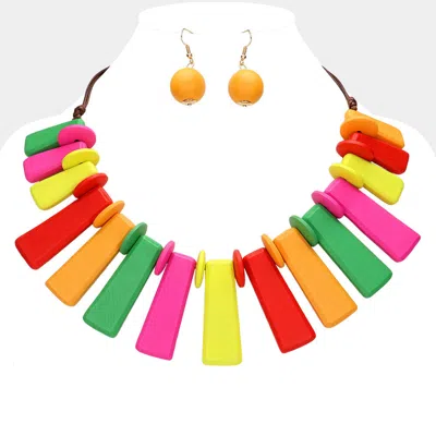 Fashnzfab Geometric Wood Beaded Statement Necklace - Multi In Orange
