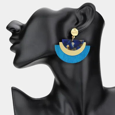 Fashnzfab Geometric Wooden Metal Resin Layered Fan Plate Dangle Earrings - Blue, Gold