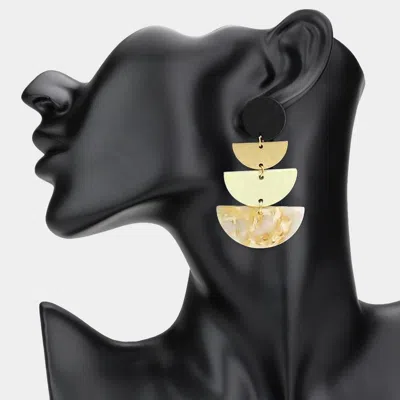 Fashnzfab Geometric Wooden Metal Resin Layered Fan Plate Link Drop Earrings - Gold, Ivory In Multi