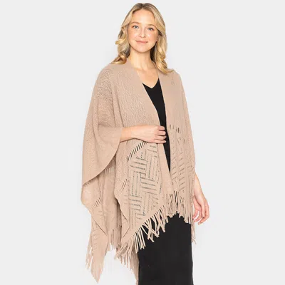 Fashnzfab Geometry Open Knit Ruana Poncho With Fringe In Brown