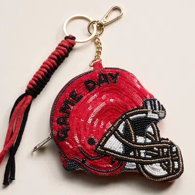 Fashnzfab Georgia Game Day Football Helmet Sequin Seed Beaded Knot Keychain Mini Pouch Bag In Black
