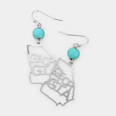 Fashnzfab Georgia State Map & Semi Stone Turquoise Earrings - Rhodium, Turquoise In Metallic