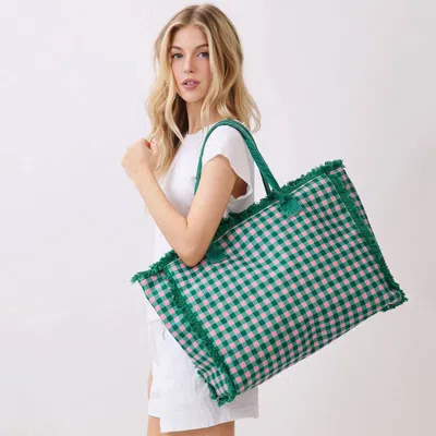 Fashnzfab Gingham Check Terry Cloth Frayed Shoulder Tote Bag In Green