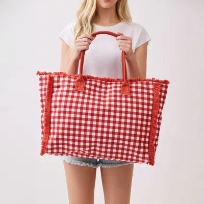 Fashnzfab Gingham Check Terry Cloth Frayed Shoulder Tote Bag In Red