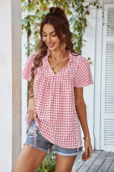 Fashnzfab Gingham V Neck Plaid Loose Drawstring Blouse
