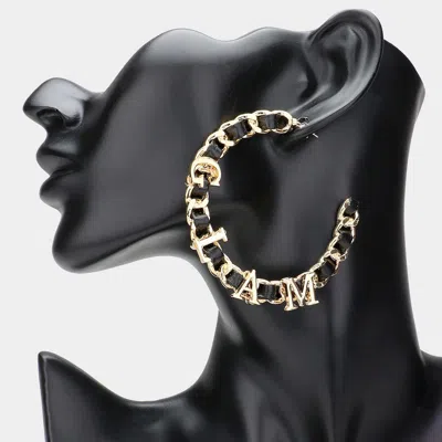 Fashnzfab Glam Message Faux Black Leather Metal Chain Hoop Earrings In Pink