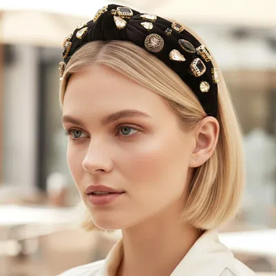 Fashnzfab Glam Rhinestone Cluster Embellished Knot Wide Corduroy Headband In Black