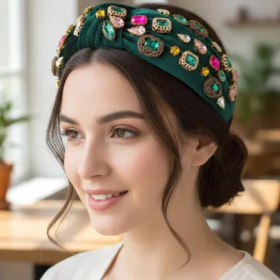 Fashnzfab Glam Rhinestone Cluster Embellished Knot Wide Corduroy Headband In Green