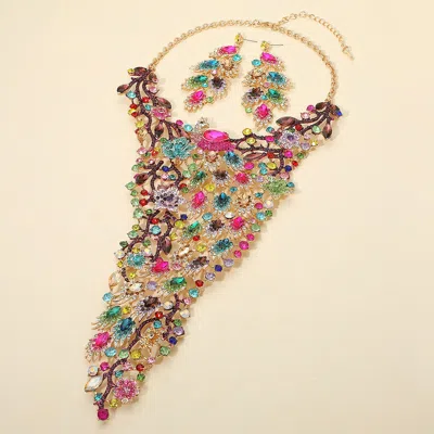 Fashnzfab Glamorous Rhinestone Cluster Embellished Peacock Statement Evening Necklace In Blue