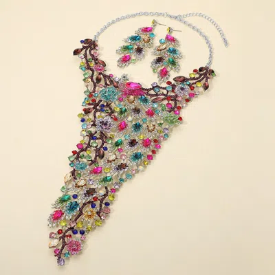 Fashnzfab Glamorous Rhinestone Cluster Embellished Peacock Statement Evening Necklace In Green
