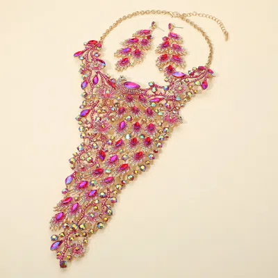 Fashnzfab Glamorous Rhinestone Cluster Embellished Peacock Statement Evening Necklace In Multi