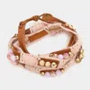 Fashnzfab Glass Beads Mother Of Pearl Threaded Faux Leather Wrap Bracelet Pink, Worn Gold In Multi