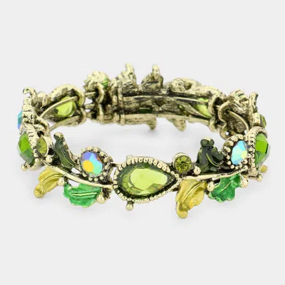 Fashnzfab Glass Crystal And Metal Vine Open Adjustable Bracelet Antique Gold, Green In Multi