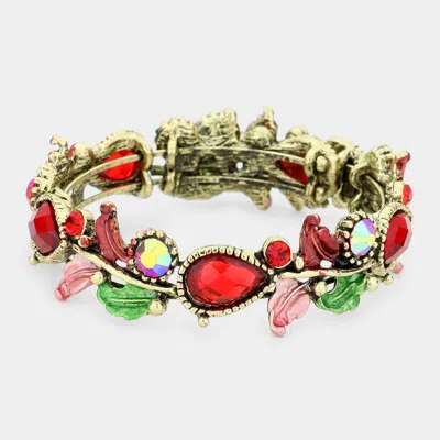 Fashnzfab Glass Crystal And Metal Vine Open Adjustable Bracelet Antique Gold, Red In Multi