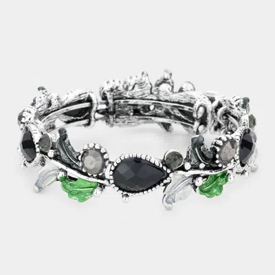 Fashnzfab Glass Crystal And Metal Vine Open Adjustable Bracelet Antique Silver, Black In Multi