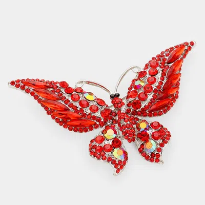 Fashnzfab Glass Crystal Butterfly Pin Brooch 3.75" X 2.25" In Red