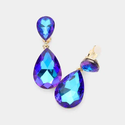 Fashnzfab Glass Crystal Double Teardrop Clip On Evening Earrings In Blue