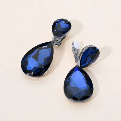 Fashnzfab Glass Crystal Double Teardrop Clip On Evening Earrings In Blue