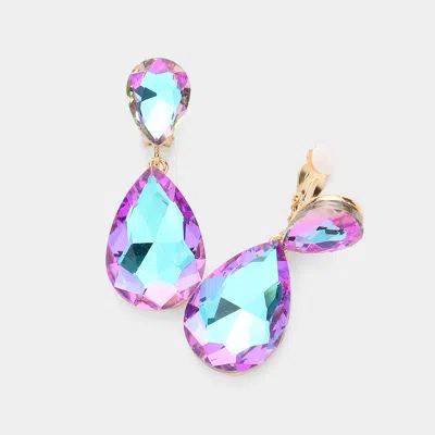Fashnzfab Glass Crystal Double Teardrop Clip On Evening Earrings In Pink