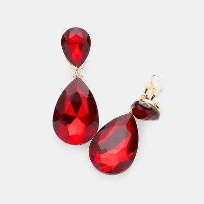 Fashnzfab Glass Crystal Double Teardrop Clip On Evening Earrings In Red