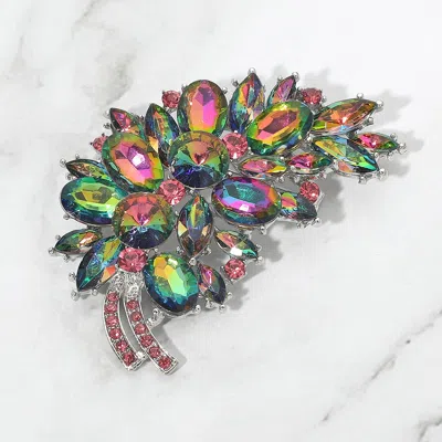 Fashnzfab Glass Crystal Floral Leaf Bouquet Pin Brooch In Multi
