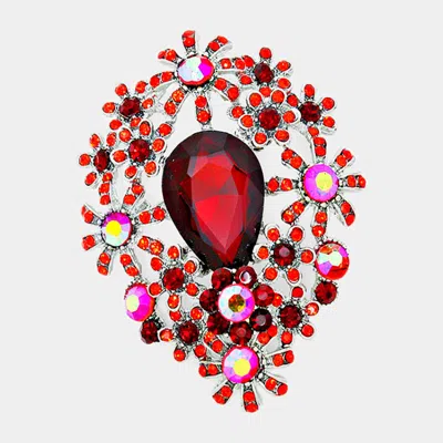 Fashnzfab Glass Crystal Flower Cluster Brooch / Pendant In Red