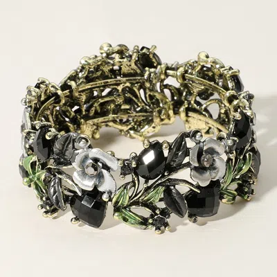Fashnzfab Glass Crystal Metal Flower Leaf Evening Bracelet Antique Gold, Black In Multi