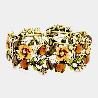 Fashnzfab Glass Crystal Metal Flower Leaf Evening Bracelet Antique Gold, Brown In Multi