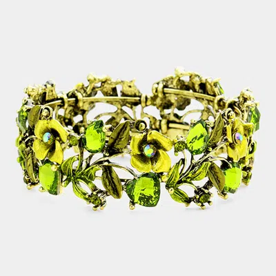 Fashnzfab Glass Crystal Metal Flower Leaf Evening Bracelet Antique Gold, Green In Multi