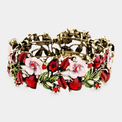 Fashnzfab Glass Crystal Metal Flower Leaf Evening Bracelet Antique Gold, Red In Multi