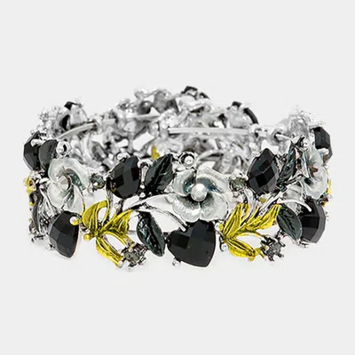 Fashnzfab Glass Crystal Metal Flower Leaf Evening Bracelet Antique Silver, Black In Multi