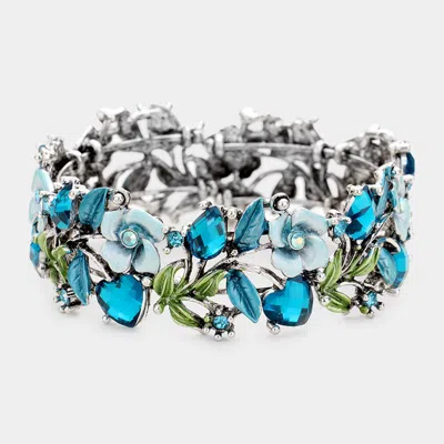 Fashnzfab Glass Crystal Metal Flower Leaf Evening Bracelet Antique Silver, Blue In Multi