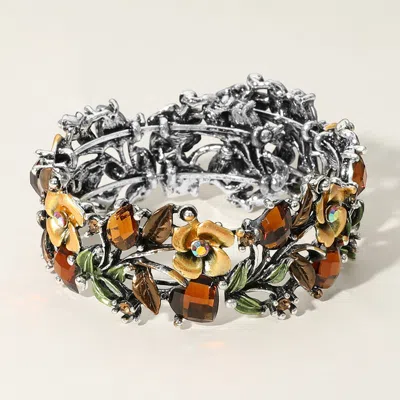 Fashnzfab Glass Crystal Metal Flower Leaf Evening Bracelet Antique Silver, Brown In Multi