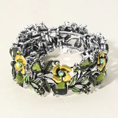 Fashnzfab Glass Crystal Metal Flower Leaf Evening Bracelet Antique Silver, Green In Multi