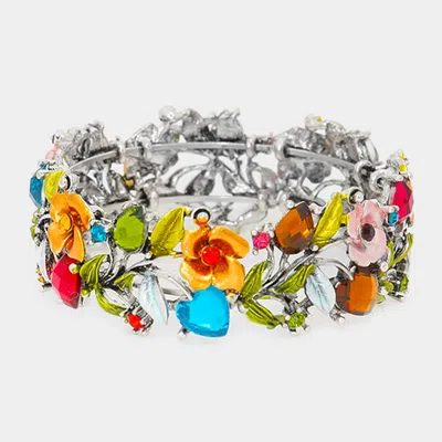 Fashnzfab Glass Crystal Metal Flower Leaf Evening Bracelet Antique Silver, Multi In Metallic