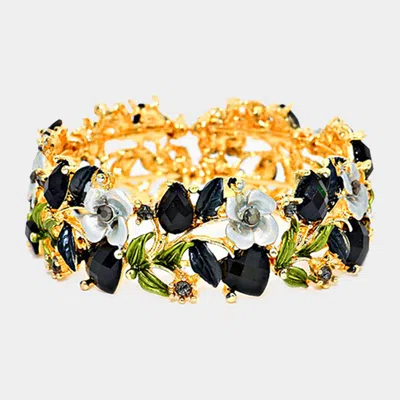 Fashnzfab Glass Crystal Metal Flower Leaf Evening Bracelet Black, Gold