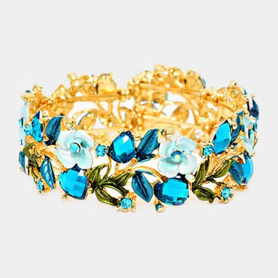 Fashnzfab Glass Crystal Metal Flower Leaf Evening Bracelet Blue, Gold