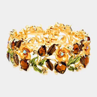 Fashnzfab Glass Crystal Metal Flower Leaf Evening Bracelet Brown, Gold In Multi
