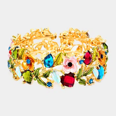 Fashnzfab Glass Crystal Metal Flower Leaf Evening Bracelet Gold, Multi