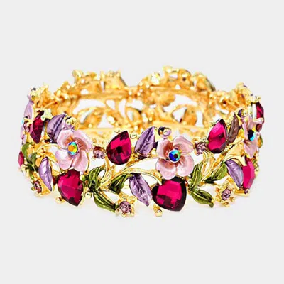 Fashnzfab Glass Crystal Metal Flower Leaf Evening Bracelet Gold, Purple In Multi