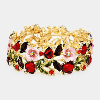 Fashnzfab Glass Crystal Metal Flower Leaf Evening Bracelet Gold, Red In Multi