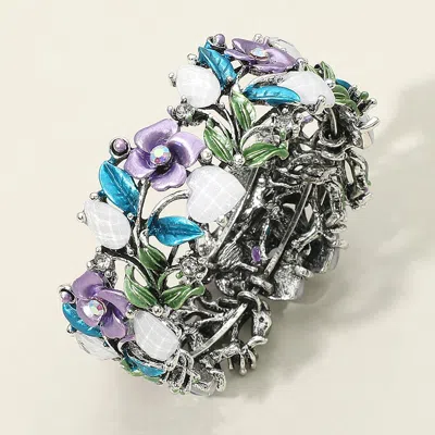 Fashnzfab Glass Crystal Metal Flower Leaf Evening Bracelet Green, Purple, Silver Burnished In Multi