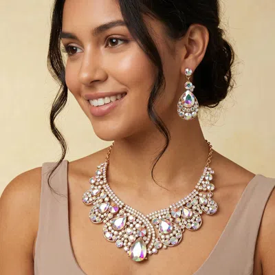 Fashnzfab Glass Crystal Teardrop Bubble Evening Necklace In Gold