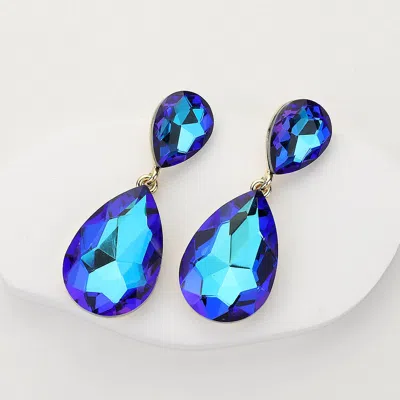 Fashnzfab Glass Crystal Teardrop Evening Earrings In Blue