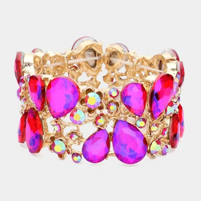 Fashnzfab Glass Crystal Teardrop Floral Stretch Evening Bracelet Ab, Gold, Purple In Multi