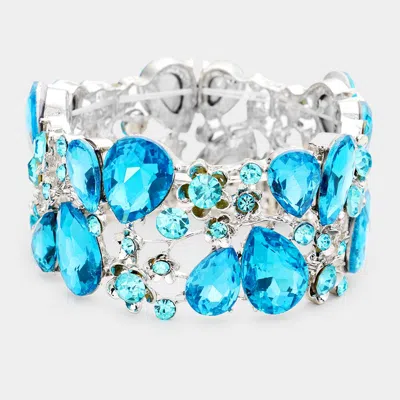 Fashnzfab Glass Crystal Teardrop Floral Stretch Evening Bracelet Aqua, Silver In Blue