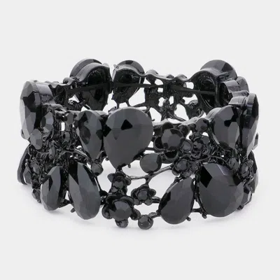 Fashnzfab Glass Crystal Teardrop Floral Stretch Evening Bracelet In Black