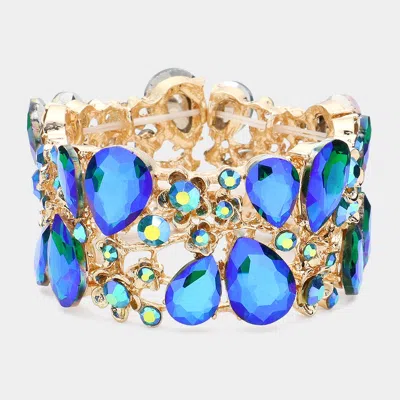Fashnzfab Glass Crystal Teardrop Floral Stretch Evening Bracelet In Blue