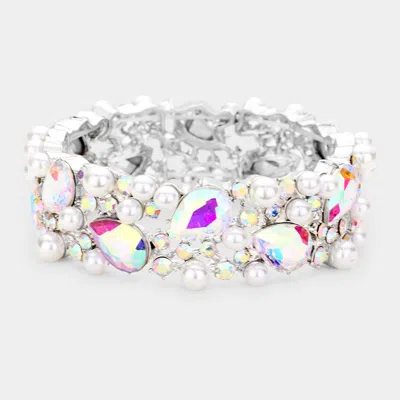 Fashnzfab Glass Crystal Teardrop Pearl Stretch Bracelet Ab, Silver In Metallic