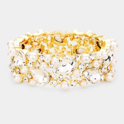Fashnzfab Glass Crystal Teardrop Pearl Stretch Bracelet Clear, Cream, Gold In Multi